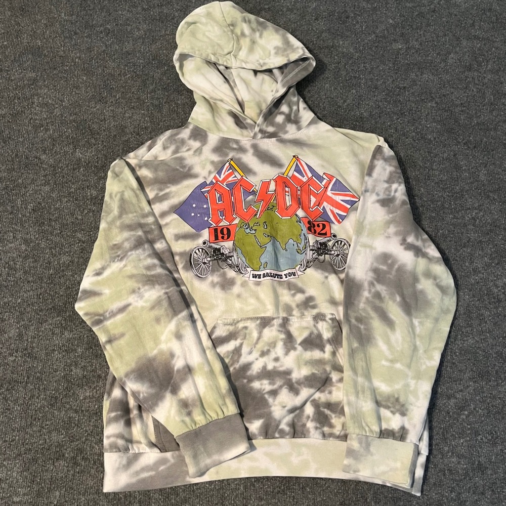 AC/DC 1982 European Tour Graphic Hoodie Tie Dye Green Grey Mens Medium
